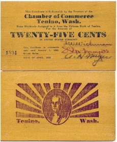 Деревянные деньги Тенино (штат Вашингтон) номиналом 25 центов (апрель 1932 г.)
