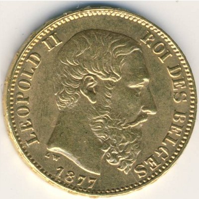 Belgium, 20 francs, 1870–1882