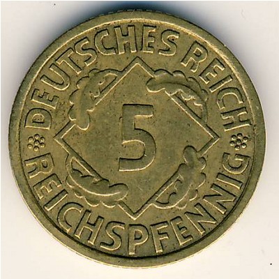 Weimar Republic, 5 reichspfennig, 1924–1936