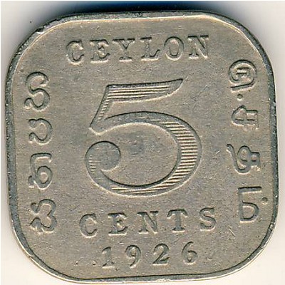 Ceylon, 5 cents, 1912–1926