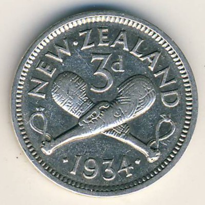 New Zealand, 3 pence, 1933–1936