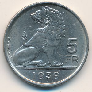Бельгия, 5 франков (1938–1939 г.)