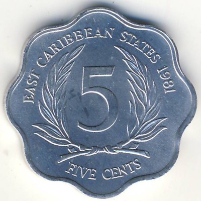 Восточные Карибы, 5 центов (1981–2000 г.)