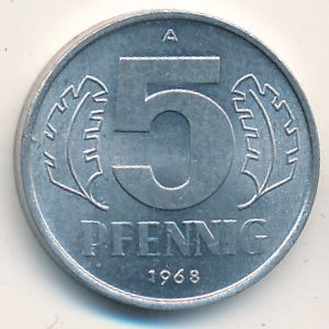 German Democratic Republic, 5 pfennig, 1968–1975