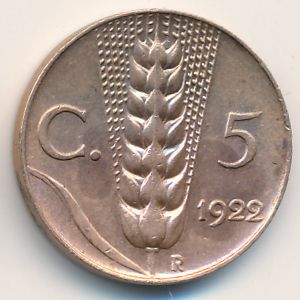 Italy, 5 centesimi, 1919–1937