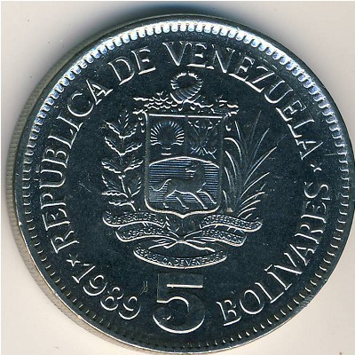 Venezuela, 5 bolivares, 1989–1990
