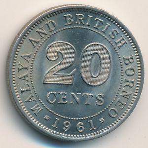 Malaya and British Borneo, 20 cents, 1954–1961