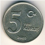 Turkey, 5 new kurus, 2005–2008