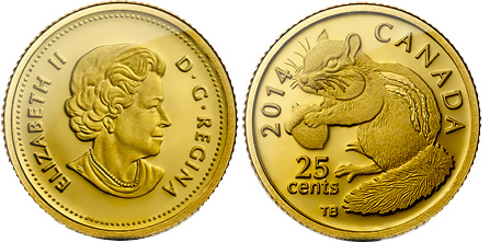 Royal Canadian Mint image of its 2014 25c Chipmunk Gold Coin