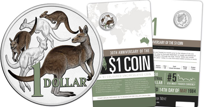 2014 $1 Colour Printed Frosted Uncirculated Coin - 30th Anniversary of the $1 Coin- Mob of Roo’s