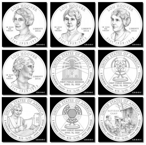 These are line art images of the 9 original design candidates (4 obverse and 5 reverse) for the Lou Hoover First Spouse Gold Coins