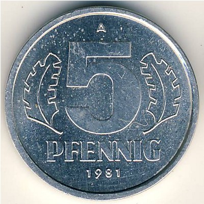 German Democratic Republic, 5 pfennig, 1976–1990
