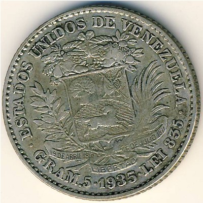 Venezuela, 1 bolivar, 1879–1936