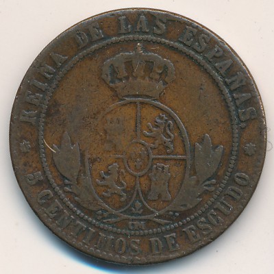 Spain, 5 centimos, 1866–1868