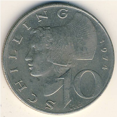 Austria, 10 schilling, 1974–2001