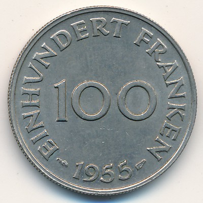 Saarland, 100 franken, 1955