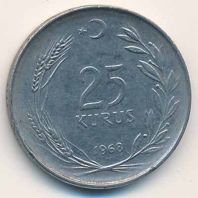 Turkey, 25 kurus, 1968