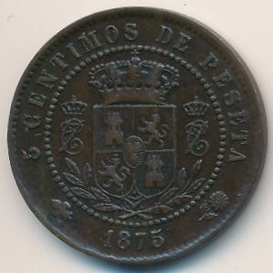 Spain, 5 centimos, 1875