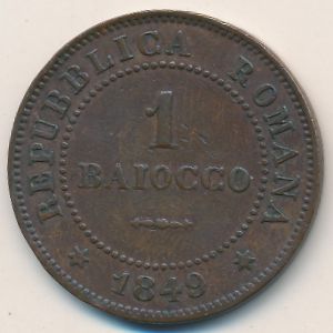 Roman Republic, 1 baiocco, 1849