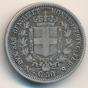 Sardinia, 50 centesimi, 1850–1861