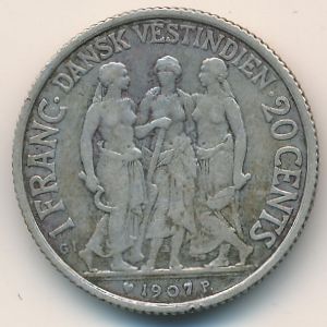 Danish West Indies, 1 franc/20 cents, 1907