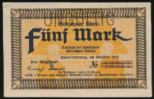 Кведлинбург., 5 марок (1918 г.)