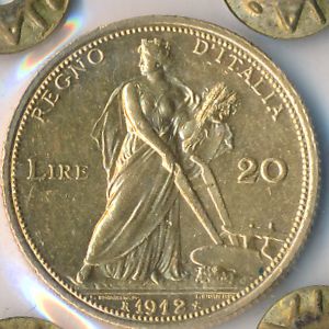 Italy, 20 lire, 1910–1927