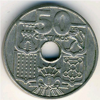 - 50 Centimos Copper-Nickel Coin Anchor Spain 1949 51 hole in center