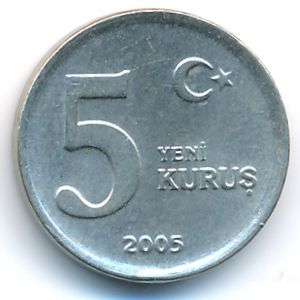 Turkey, 5 new kurus, 2005