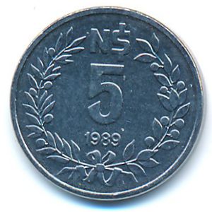 Uruguay, 5 nuevos pesos, 1989