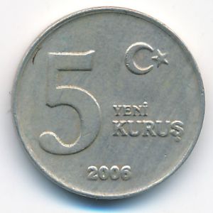 Turkey, 5 new kurus, 2006