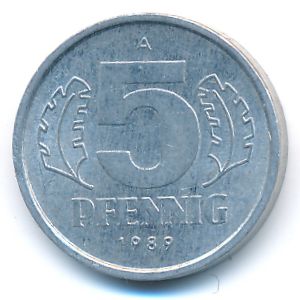 German Democratic Republic, 5 pfennig, 1989