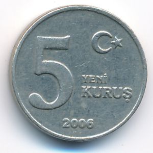 Turkey, 5 new kurus, 2006