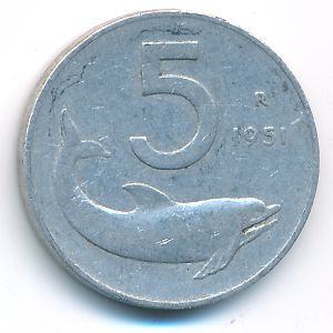 Italy, 5 lire, 1951