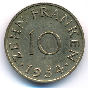 Saarland, 10 franken, 1954