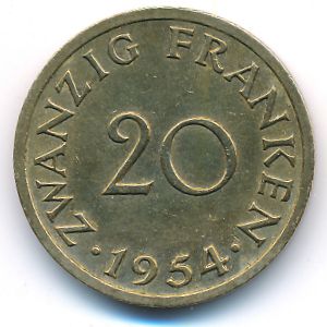 Saarland, 20 franken, 1954