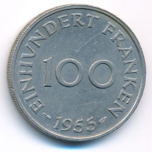 Saarland, 100 franken, 1955