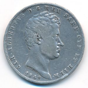 Sardinia, 5 lire, 1849