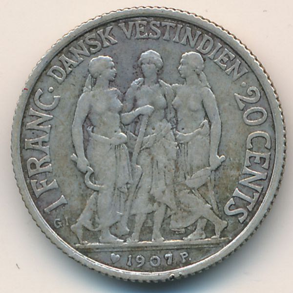 Датская Западная Индия, 1 франк/20 центов (1907 г.)