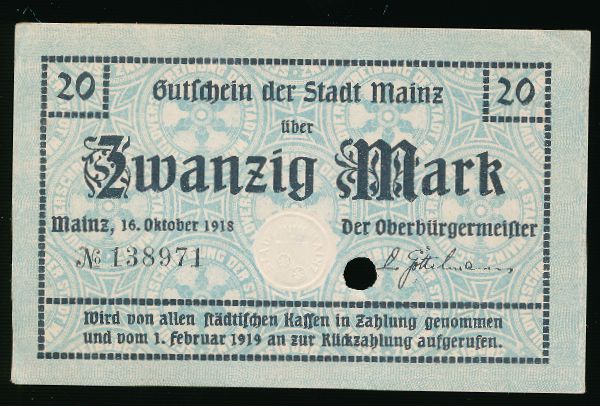 Майнц., 20 марок (1918 г.)