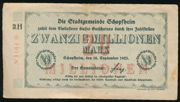 Шопфхайм., 20000000 марок (1923 г.)