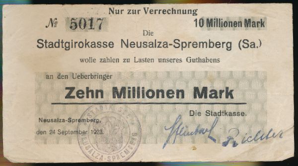 Нойзальца-Шпремберг., 10000000 марок (1923 г.)