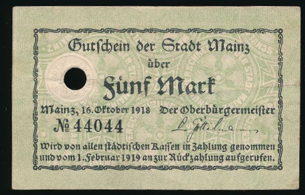 Майнц., 5 марок (1918 г.)