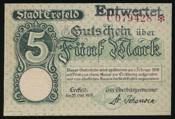 Крефельд., 5 марок (1918 г.)