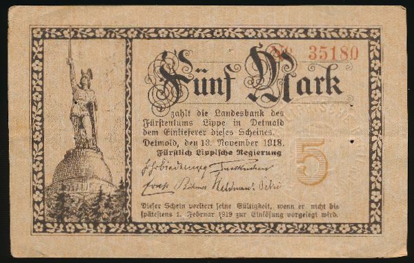 Детмольд., 5 марок (1918 г.)