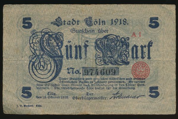 Кёльн., 5 марок (1918 г.)