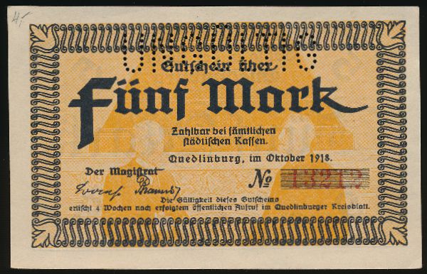 Кведлинбург., 5 марок (1918 г.)