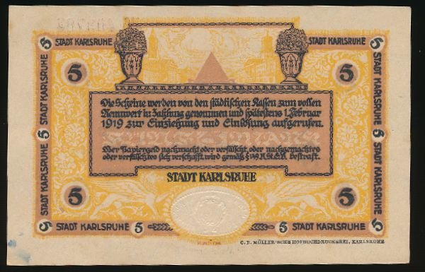 Карлсруэ., 5 марок (1918 г.)