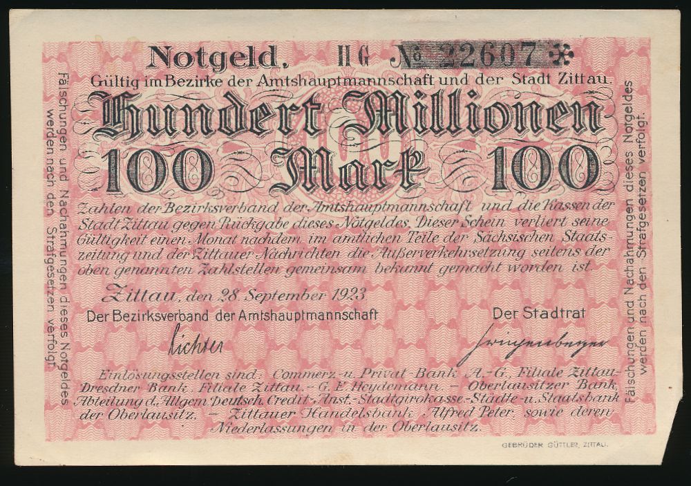 Циттау., 100000000 марок (1923 г.)