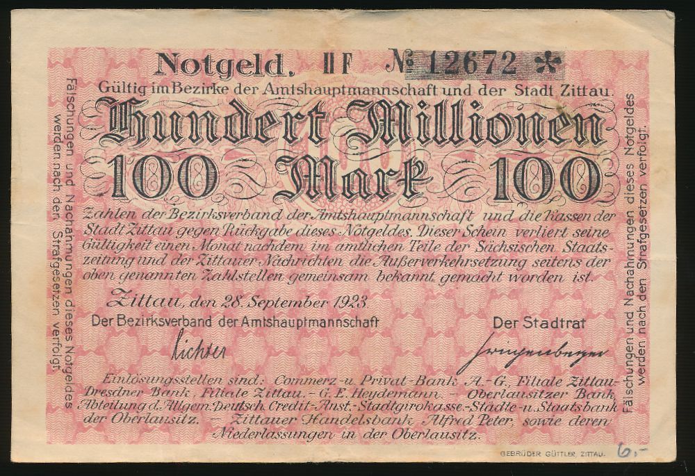 Циттау., 100000000 марок (1923 г.)